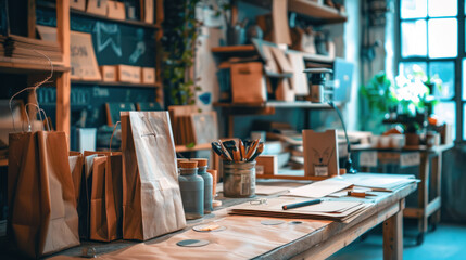 A workshop crafting products using zero-waste manufacturing techniques, repurposing materials, and reducing environmental footprints