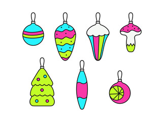 Set of Christmas tree toys. Flat vector illustration with outline.