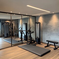Obraz premium A modern home gym featuring exercise equipment, mirrors, and a yoga mat for fitness activities.