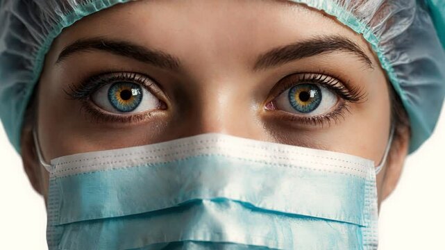 
female doctor with blue eye mask looking at camera with a white background