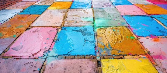 Obraz premium Colorful Paving Slabs Coated With Dry Powders During Festival