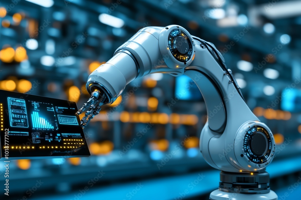 Poster Realistic image of a robotic arm in a factory, demonstrating tomorrowâ€™s solutions for manufacturing automation, with digital displays showing efficiency improvements, symbolizing the future