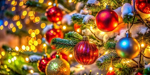 Obraz premium Festive Christmas Decorations with Twinkling Lights and Colorful Ornaments on a Cozy Winter Night