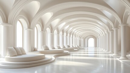 Fototapeta premium Elegant minimalist interior with arches and smooth seating in a bright, spacious corridor