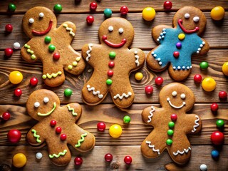 Obraz premium Festive Gingerbread Man Cookies Decorated with Icing and Colorful Candies on a Rustic Wooden Table