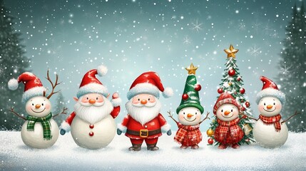 Festive lineup of jolly Christmas characters: Santa Claus, snowmen, and decorated trees stand together in snowy scene, spreading holiday cheer under falling snowflakes.
