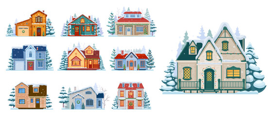 Cartoon Christmas winter house facade exteriors. Snowy home buildings of vector Xmas holiday town street. Houses with Christmas trees, lights garland and wreath decorations on windows and front doors