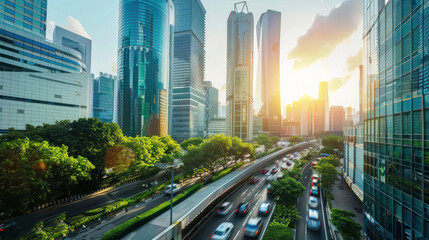 Futuristic cityscape with sustainable innovations in green architecture, renewable energy grids, and eco-friendly transportation systems