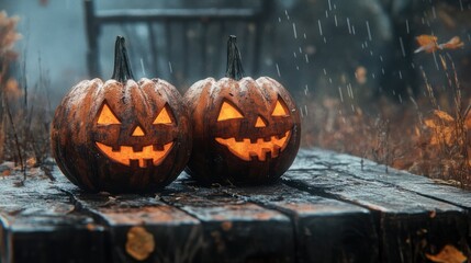 Spooky halloween pumpkins on wooden planks