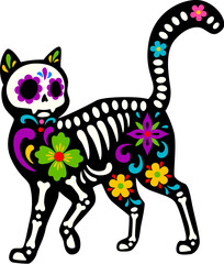 Dead Halloween skeleton, Mexican day of the dead cat animal tattoo. Vector Dia de Los Muertos kitten sugar skull figure, featuring rich patterns and bones, celebrates memory of departed feline pets