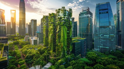Green skyscrapers with living walls, solar panels, and eco-friendly designs, representing the future of urban architecture