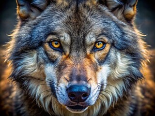 Obraz premium Fierce Close-Up of an Angry Wolf Face with Intense Eyes and Distinctive Fur Texture in Nature