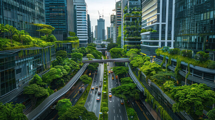 Innovative city planning with rainwater harvesting systems, green public spaces, and energy-efficient architecture driving sustainability