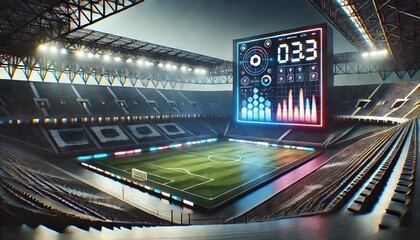 stadium scene with a sleek, futuristic scoreboard placed at one end