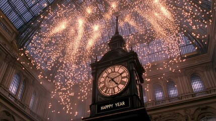 Celebrate the New Year with vibrant fireworks illuminating a vintage clock displaying 'Happy New Year' in golden letters