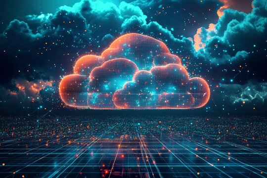 Digital Cloud Network with Glowing Connections and a Grid Pattern
