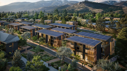 Fototapeta premium Net-zero buildings with solar panels, energy-efficient designs, and sustainable materials reducing the community's carbon footprint