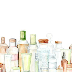 Seamless border of shampoo, perfume, cream bottles. Watercolor Illustration in warm yellow-green tones. Suitable for creating greeting cards, textiles and printing.