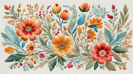 Floral Embroidery Pattern with Soft Earthy Tones, Handmade Textured Design