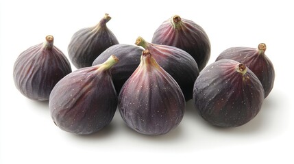 Obraz premium Ripe and luscious figs lie scattered on a pristine white canvas, their velvety purple skin glistening under the light. Their subtly sweet fragrance fills the air