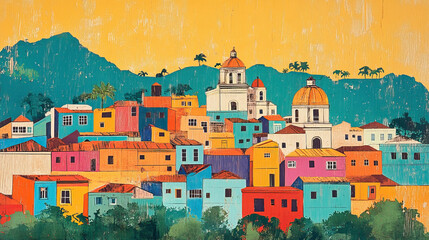 Obraz premium Tegucigalpa, Honduras, color wood block print effect. Woodblock printing. Graphic designed, illustration for travel poster, card, wallpaper, backdrop or banner. Modern, clear, artistic and simple