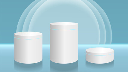 Realistic white cylinder pedestal podium with soft green room background. Wall scene mockup product display