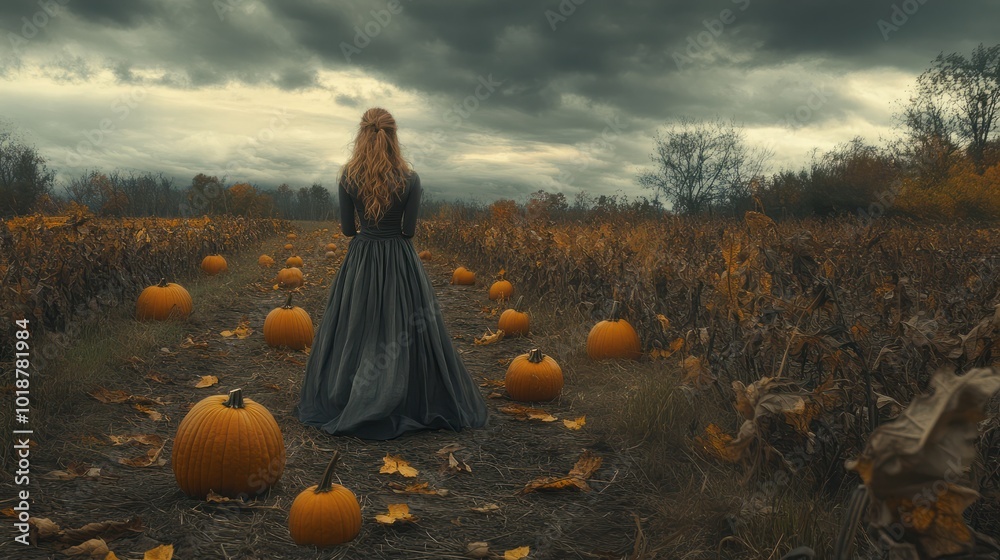 Wall mural woman at a pumpkin patch before halloween