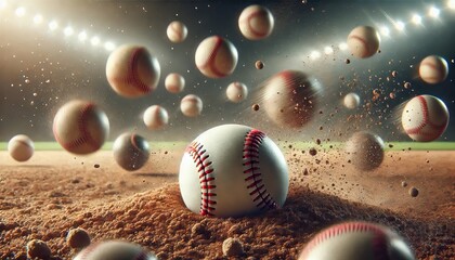 baseball resting on the dirt of a field, surrounded by multiple baseballs flying through the air