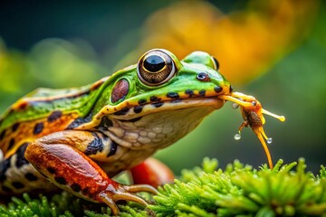 Obraz premium Frog Catching and Eating Bugs in a Lush Green Environment, Nature's Cycle in Action