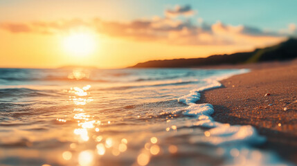 Obraz premium serene beach at sunset with flowing waves and golden light reflecting on water creates tranquil atmosphere. gentle waves lap against shore, inviting relaxation and peace