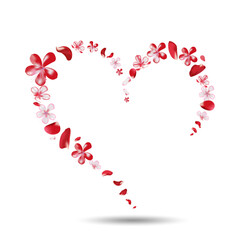 Illustration of a heart made of cherry blossoms and petals. The design can be used for Valentine's Day cards. Vector illustration on white background.