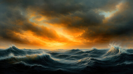 Fototapeta premium stormy ocean scene with churning waves and dramatic clouds, illuminated by vibrant sunset. powerful waves create sense of awe and intensity in this captivating seascape