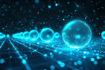 Abstract Blue Sphere on Grid with Glowing Particles