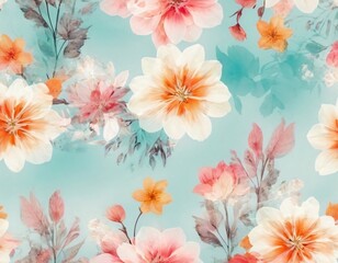Colorful floral pattern with assorted flowers on a pale background suitable for fabric or wallpaper