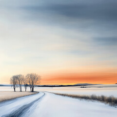 serene winter sunset over frozen fields, featuring winding road and silhouetted trees against soft orange sky. tranquil scene evokes sense of calm and beauty