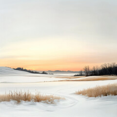 serene winter sunset over frozen fields, showcasing soft orange hues in sky. landscape features snow covered terrain and sparse trees, creating tranquil atmosphere