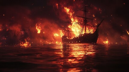 Obraz premium Burning Ship at Sea