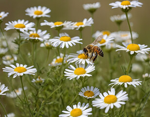 Fototapeta premium A bee diligently gathers pollen from cheerful daisies in a lush green meadow, showcasing the beauty of nature during a bright spring day
