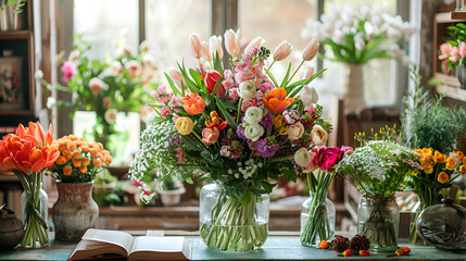 Fototapeta premium A table laden with flowers for arrangement at the floristry factory