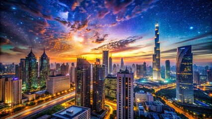Obraz premium Futuristic city skyline with advanced architecture and glowing technology at dusk under a starry sky