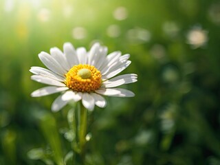 A vibrant daisy stands tall in a sunlit meadow, showcasing its white petals and yellow center against a backdrop of lush green grass on a bright summer day