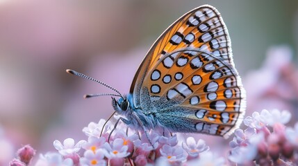 Obraz premium A vibrant butterfly perched on delicate pink flowers in a sunlit garden during the spring season