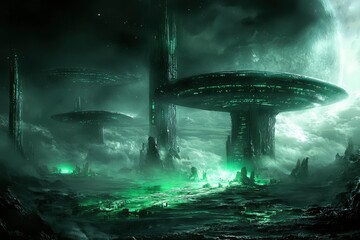 Futuristic Cityscape with Flying Structures on a Foggy Alien Planet