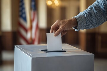 Hand putting vote into ballot box, against the background of the American flag