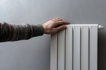 Human hand touching cold white heater radiator on grey wall background