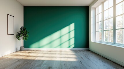 Obraz premium A bold, empty room with a single deep emerald green accent wall, contrasting strikingly with white walls for a dramatic effect.