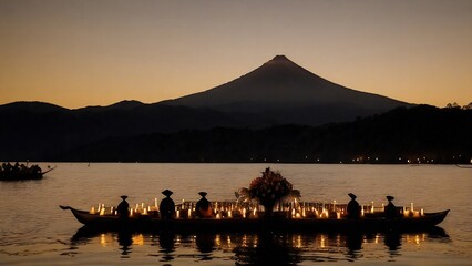 barcas sobre un lago iluminado, festejo del dia de muertos. 