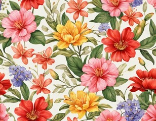 Colorful floral pattern with assorted flowers on a pale background suitable for fabric or wallpaper