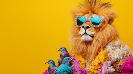 Naklejka premium Lion in a dazzling haute couture look with sunglasses and doves that radiate a touch of liveliness and good humor