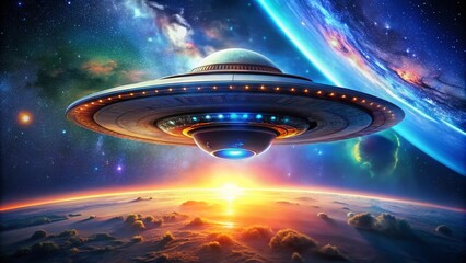 Futuristic Space Saucer Hovering Above a Planet with Stars in the Background, Intergalactic Travel
